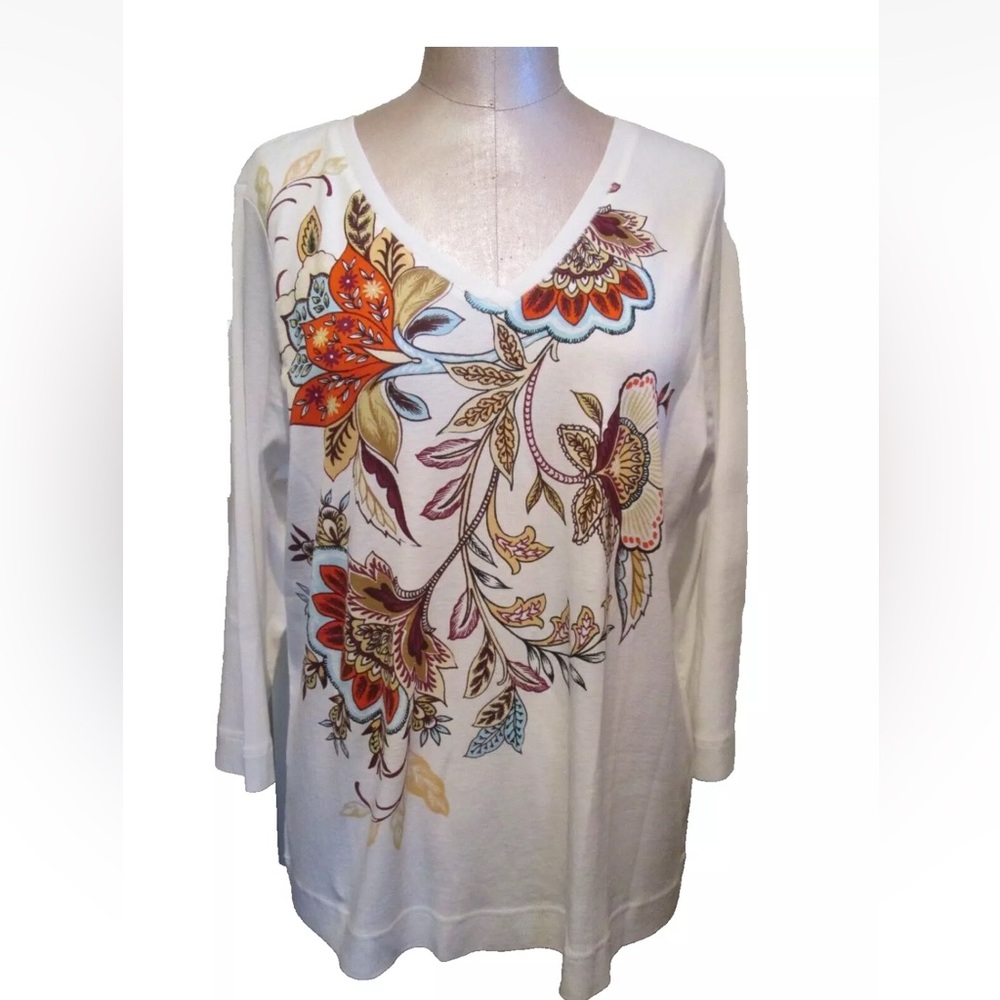 CHICO'S Soft White Beach Floral Pima Cotton 3/4 Sleeve Tee Shirt Size 3 XL-NWT